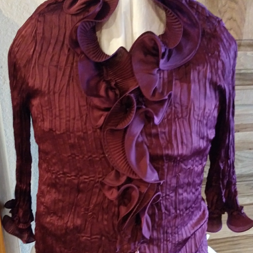 Purple Crinkle LS Ruffle Button Down Blouse